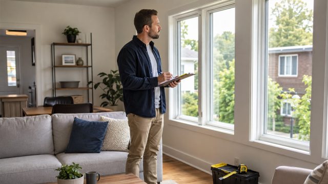 Property manager inspecting large replacement windows in a bright rental living room with a clipboard, measuring tools, neutral furniture, and a residential view outside.