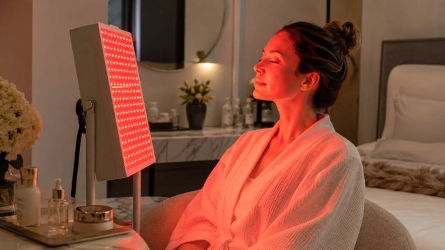 Woman using a red light therapy panel for facial skincare and collagen support in a refined bedroom setting.