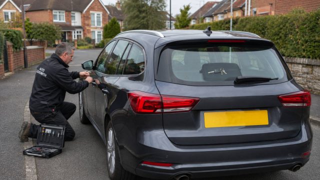 Auto locksmith using specialist tools to unlock a car with keys visible inside the closed boot.