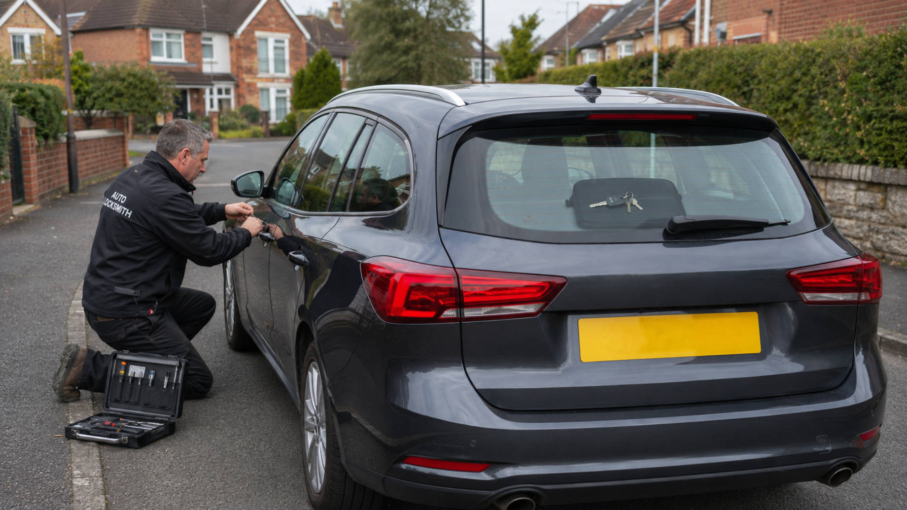 Auto locksmith using specialist tools to unlock a car with keys visible inside the closed boot.