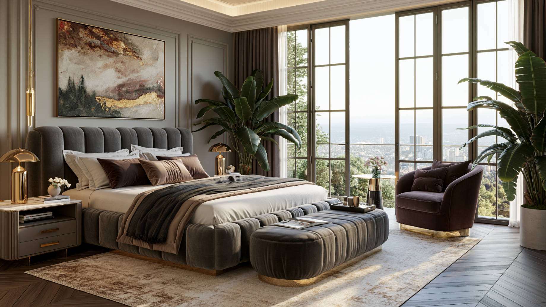 Wooden platform bed with white bedding, visible slat support, woven rug, indoor plants, and warm daylight in a calm primary bedroom.