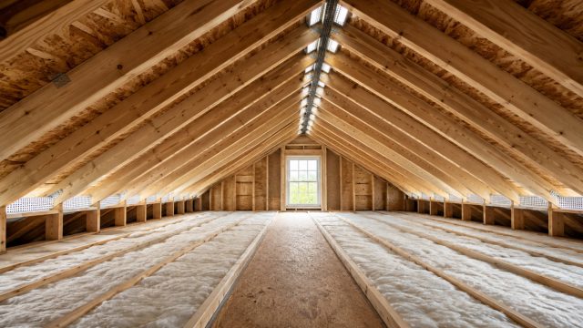 Timber-framed attic with continuous eaves vents, ridge ventilation, and insulation installed across the ceiling level.