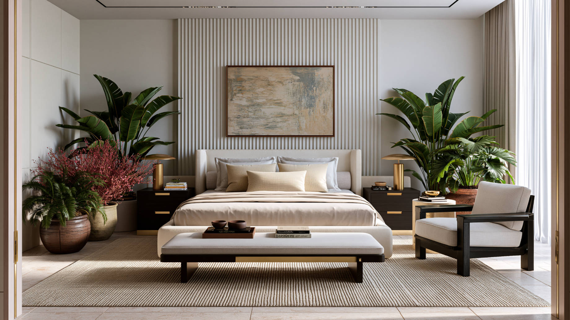 Cream upholstered bed frame centered against a ribbed feature wall with matching nightstands, large indoor plants, a bench, and soft natural light.