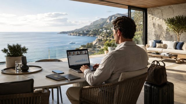 Executive working remotely from a luxury seaside villa with a laptop, travel essentials, and expansive coastal views.
