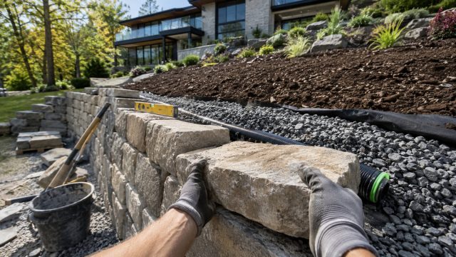 A retaining wall contractor places a large stone block while building a drainage-supported wall on a sloped luxury property.
