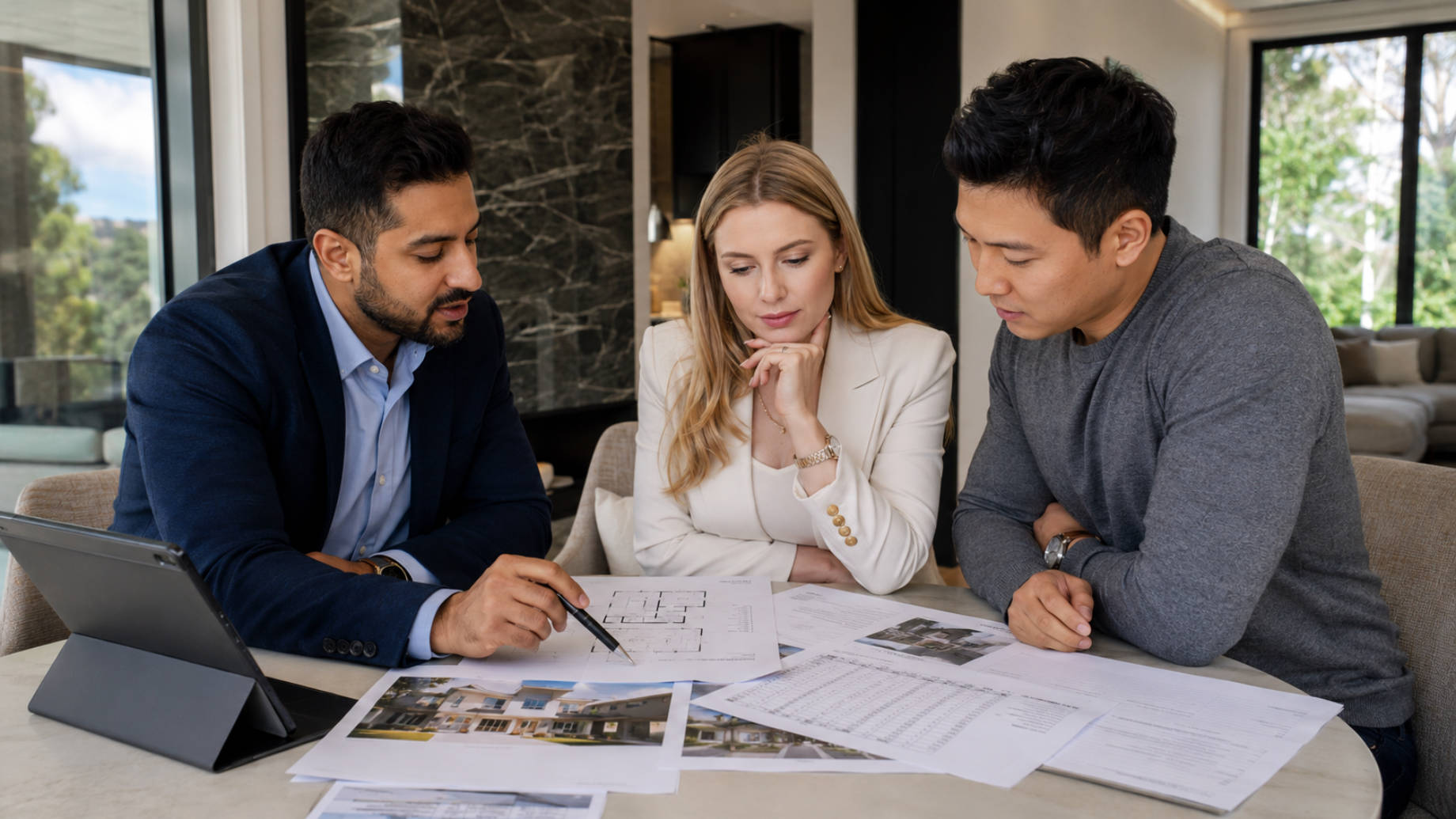 A couple reviewing property reports, floor plans, and ownership documents with a real estate professional.