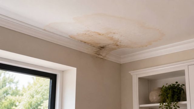 Water staining and damp spreading across the ceiling of a refined modern interior.