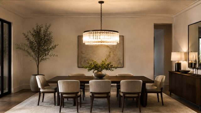 Contemporary chandelier centered above a long dining table in an elegant neutral dining room with upholstered chairs and warm ambient lighting.