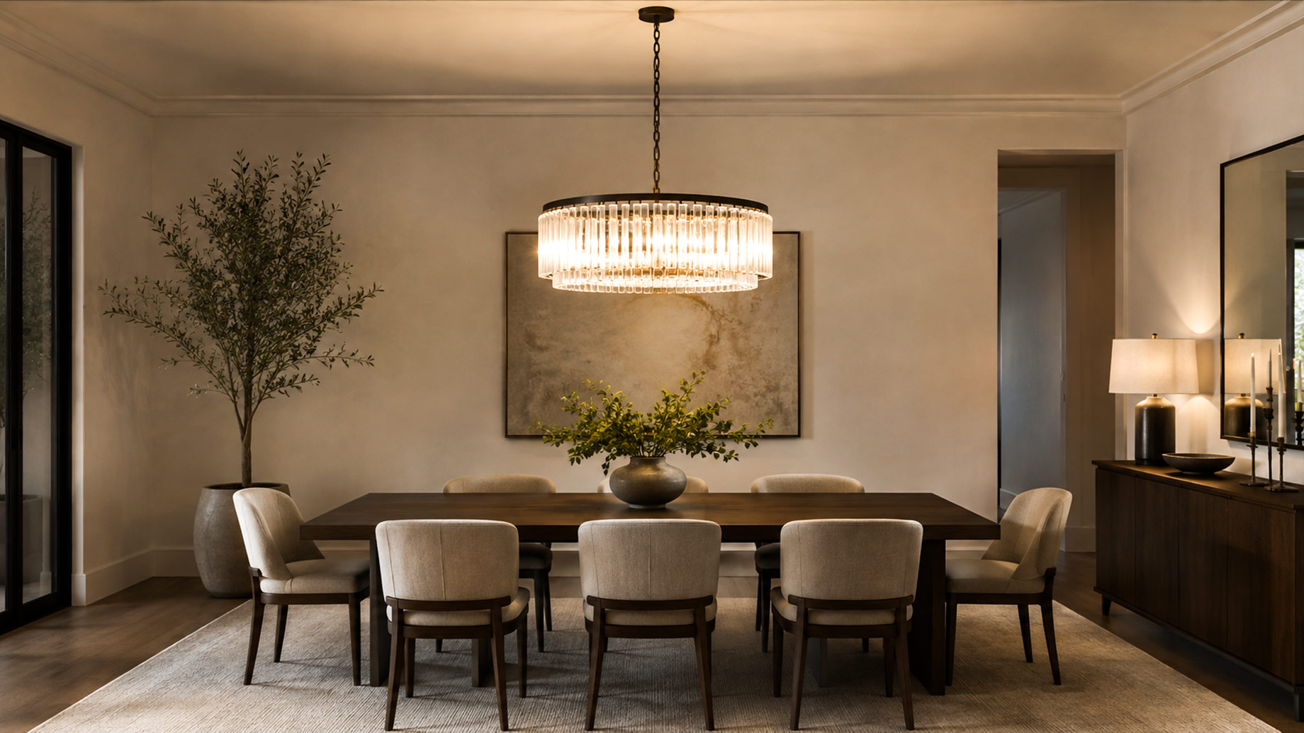 Contemporary chandelier centered above a long dining table in an elegant neutral dining room with upholstered chairs and warm ambient lighting.