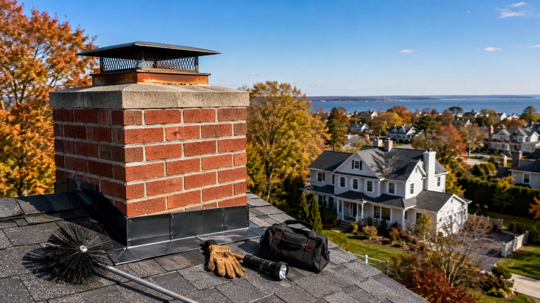 Brick chimney with maintenance tools on the roof of a Long Island coastal home during autumn.