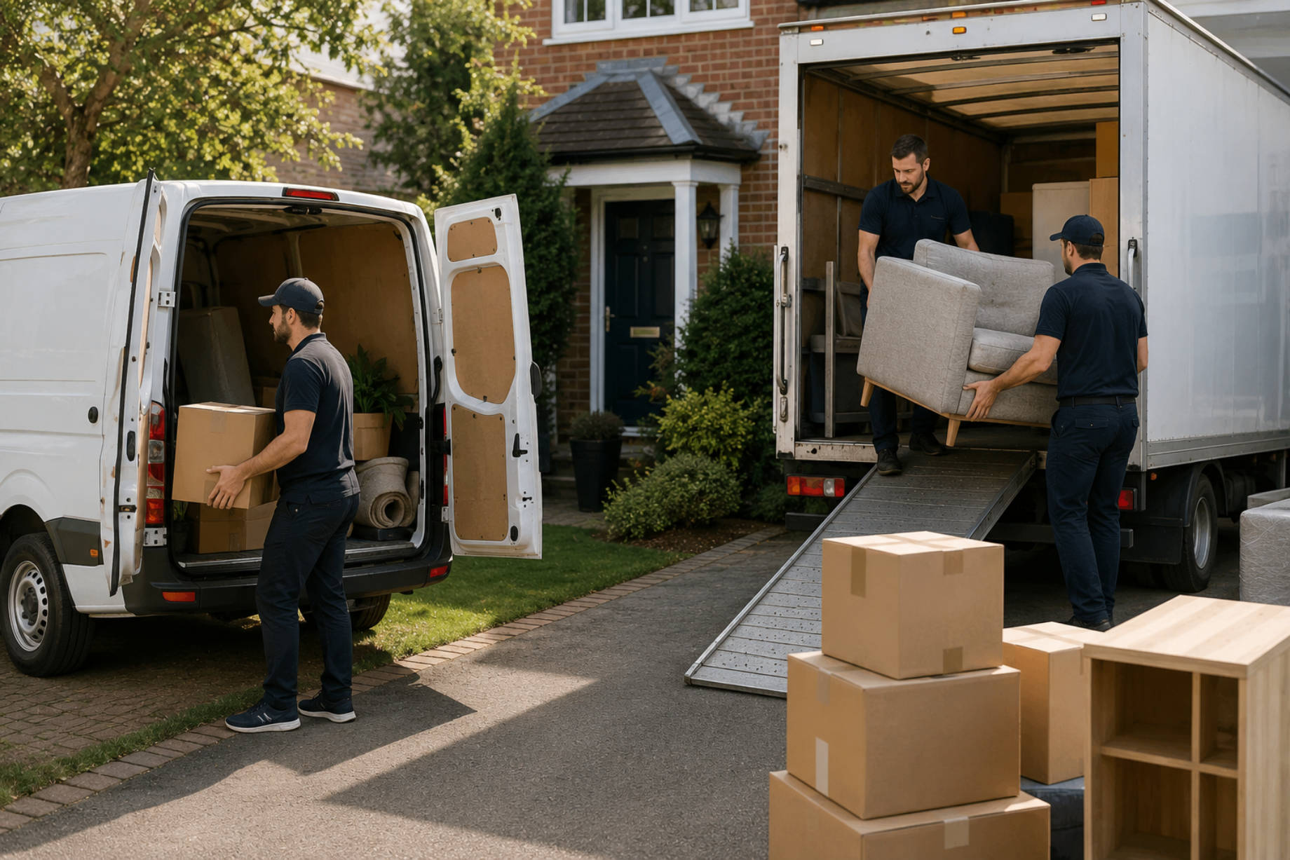 Professional movers loading boxes into a cargo van and carrying furniture from a larger removals truck outside a residential property.