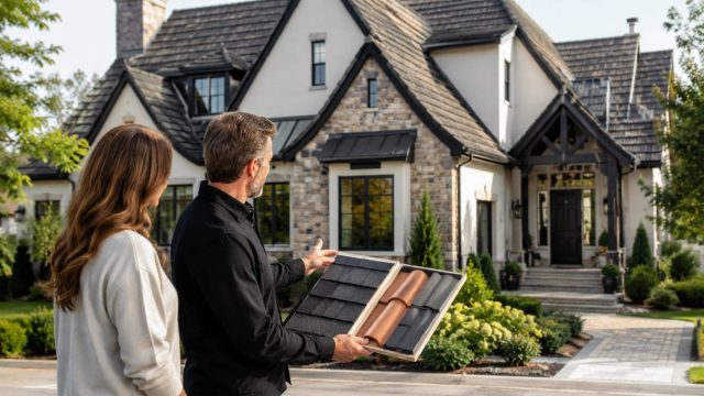 Homeowner and roofing consultant comparing shingle, tile, and metal roofing samples in front of an upscale residence.