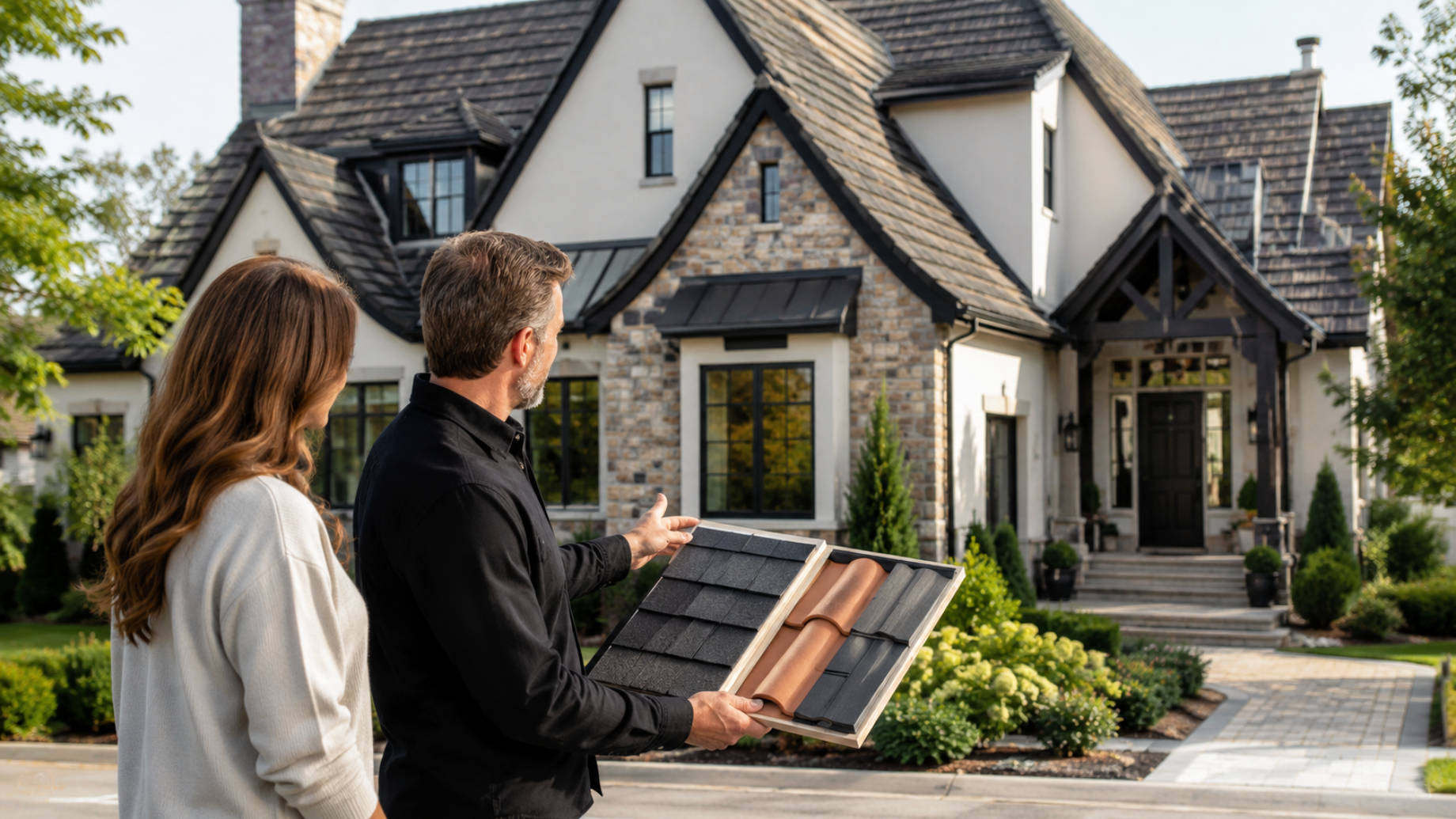 Homeowner and roofing consultant comparing shingle, tile, and metal roofing samples in front of an upscale residence.