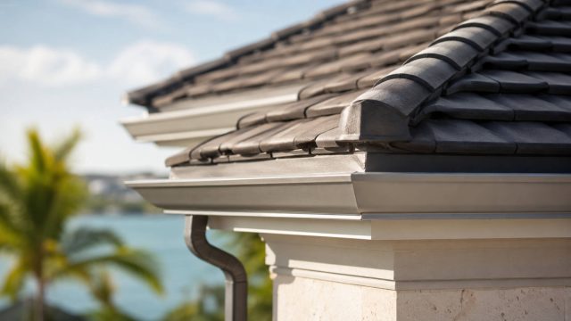Upscale Sarasota roof corner with dark tile roofing, clean gutters, refined trim, and tropical coastal surroundings.