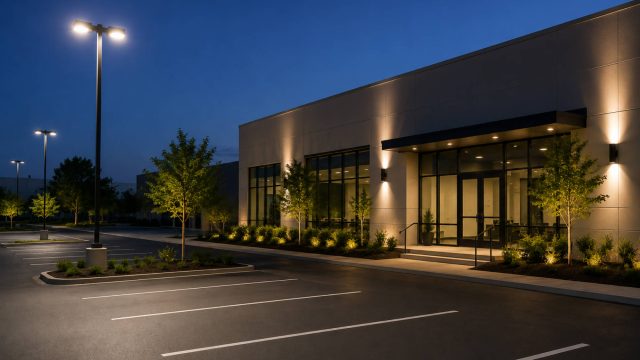 Modern commercial building with illuminated parking areas, entrance lighting, landscaped trees, and evenly lit walkways at dusk.