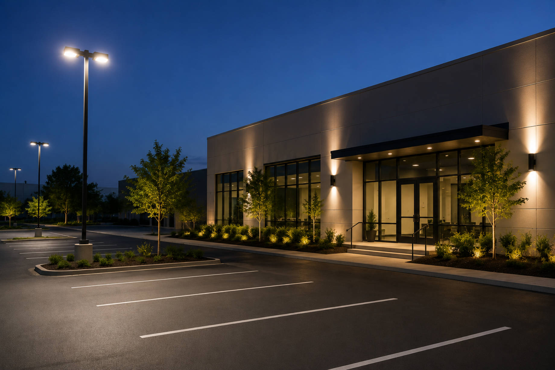 Modern commercial building with illuminated parking areas, entrance lighting, landscaped trees, and evenly lit walkways at dusk.