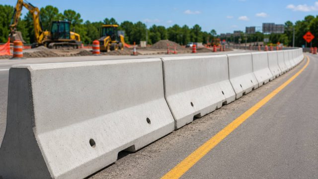 Precast concrete barriers separating traffic from heavy equipment and an active roadway construction zone.