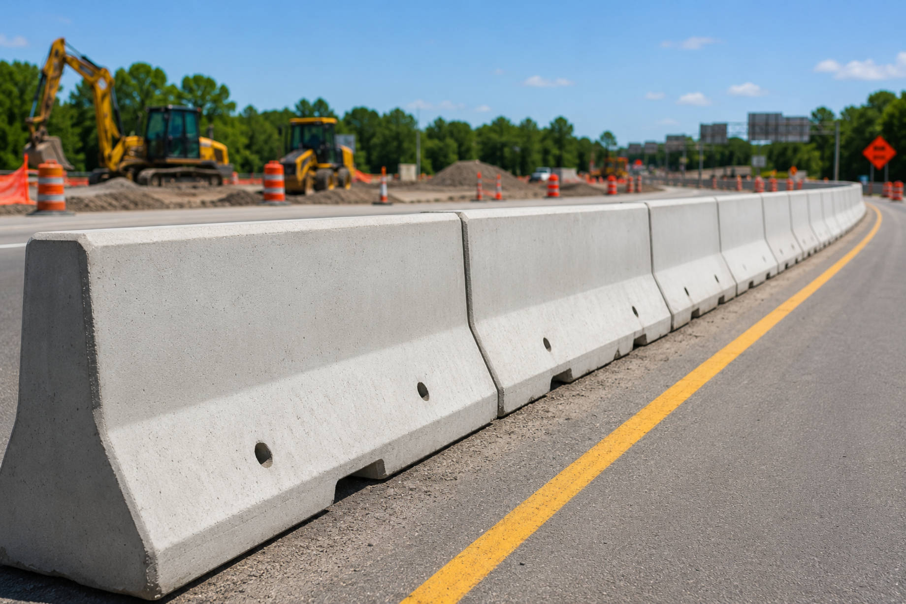 Precast concrete barriers separating traffic from heavy equipment and an active roadway construction zone.