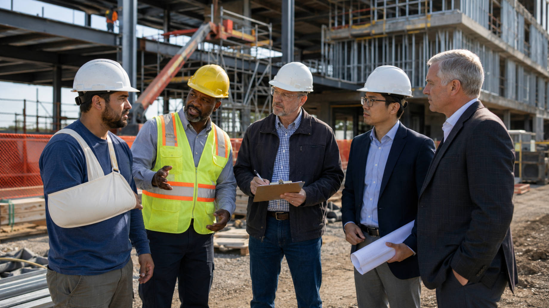 Injured construction worker with arm in a sling speaking with site representatives, a supervisor, and other project stakeholders at an active construction site.