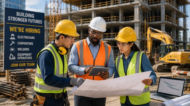 Construction supervisor and workers reviewing blueprints and a tablet at an active building site with a hiring sign, equipment, and a partially built structure in the background.