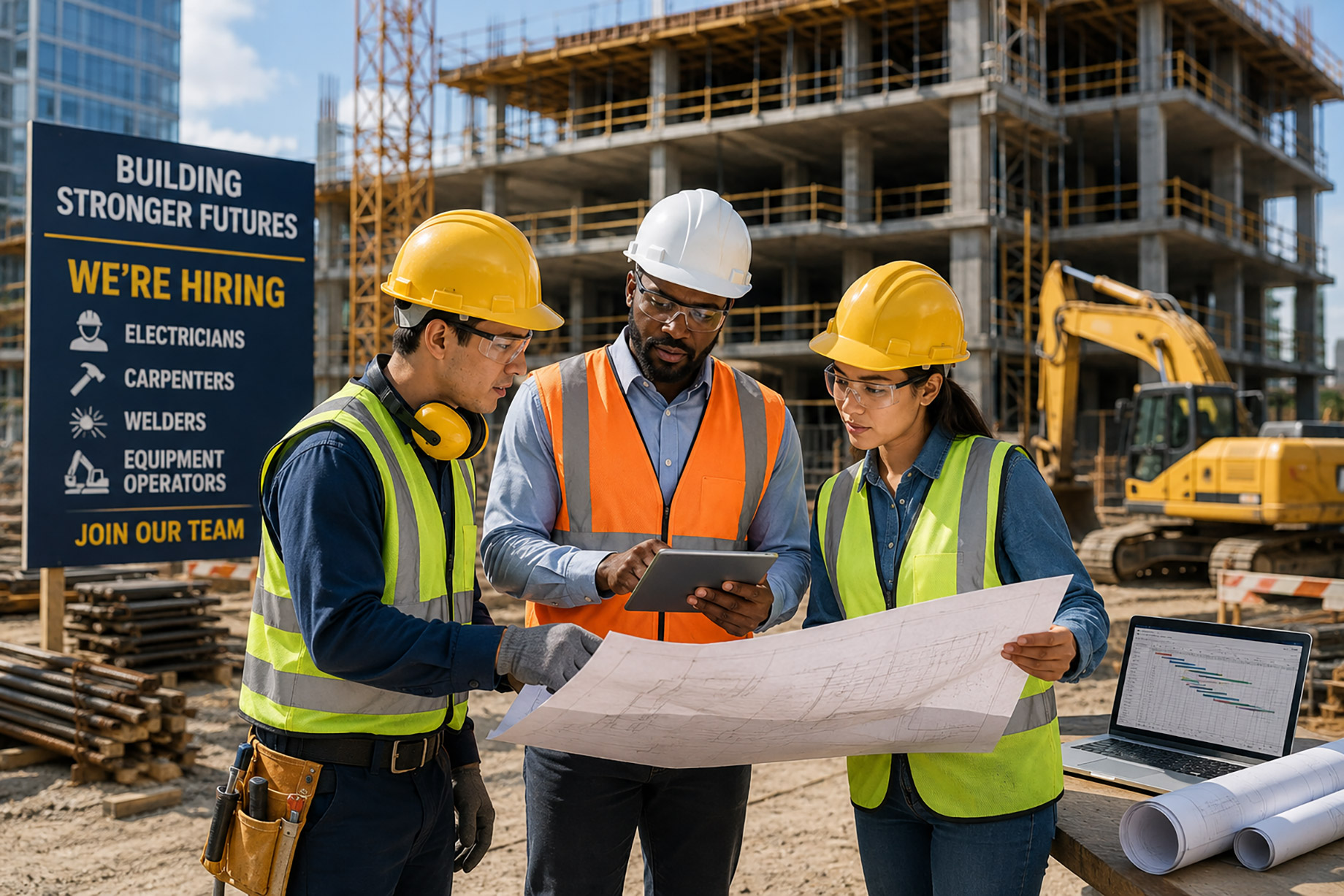Construction supervisor and workers reviewing blueprints and a tablet at an active building site with a hiring sign, equipment, and a partially built structure in the background.