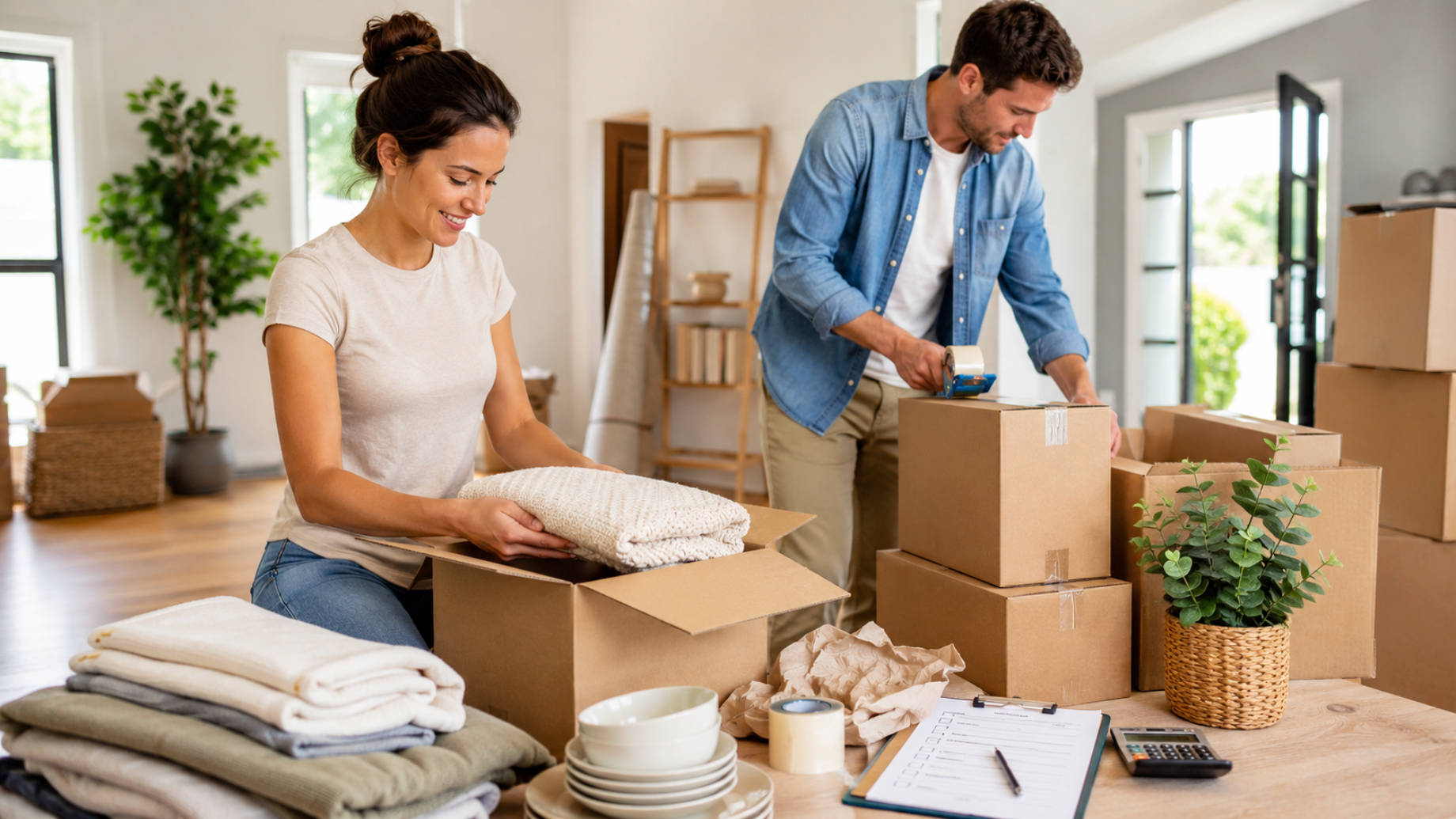 Couple packing household belongings into cardboard boxes while using a moving checklist and calculator in a bright home.