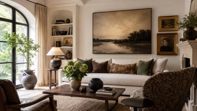 Elegant living room featuring an oversized landscape painting, framed portrait art, warm natural materials, and layered neutral furnishings.