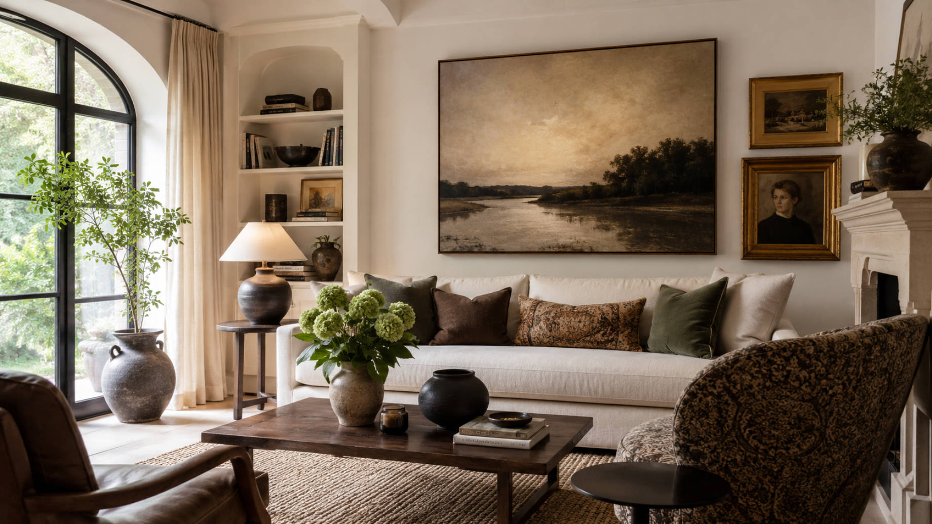 Elegant living room featuring an oversized landscape painting, framed portrait art, warm natural materials, and layered neutral furnishings.
