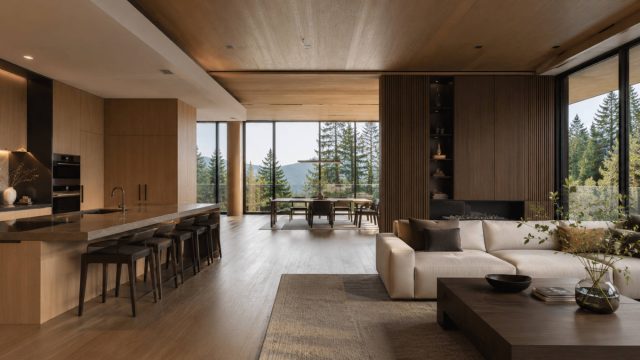 Contemporary open-plan kitchen and living room with custom wood cabinetry, stone countertops, wall panels, and floor-to-ceiling windows overlooking a forested landscape.