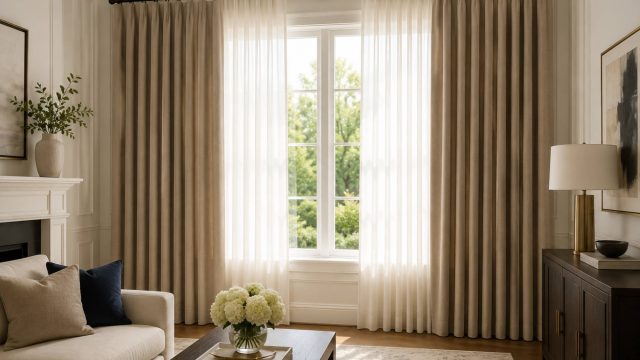 Elegant living room with tailored beige curtains, sheer window panels, natural daylight, classic wall moulding, neutral furniture, and garden views.