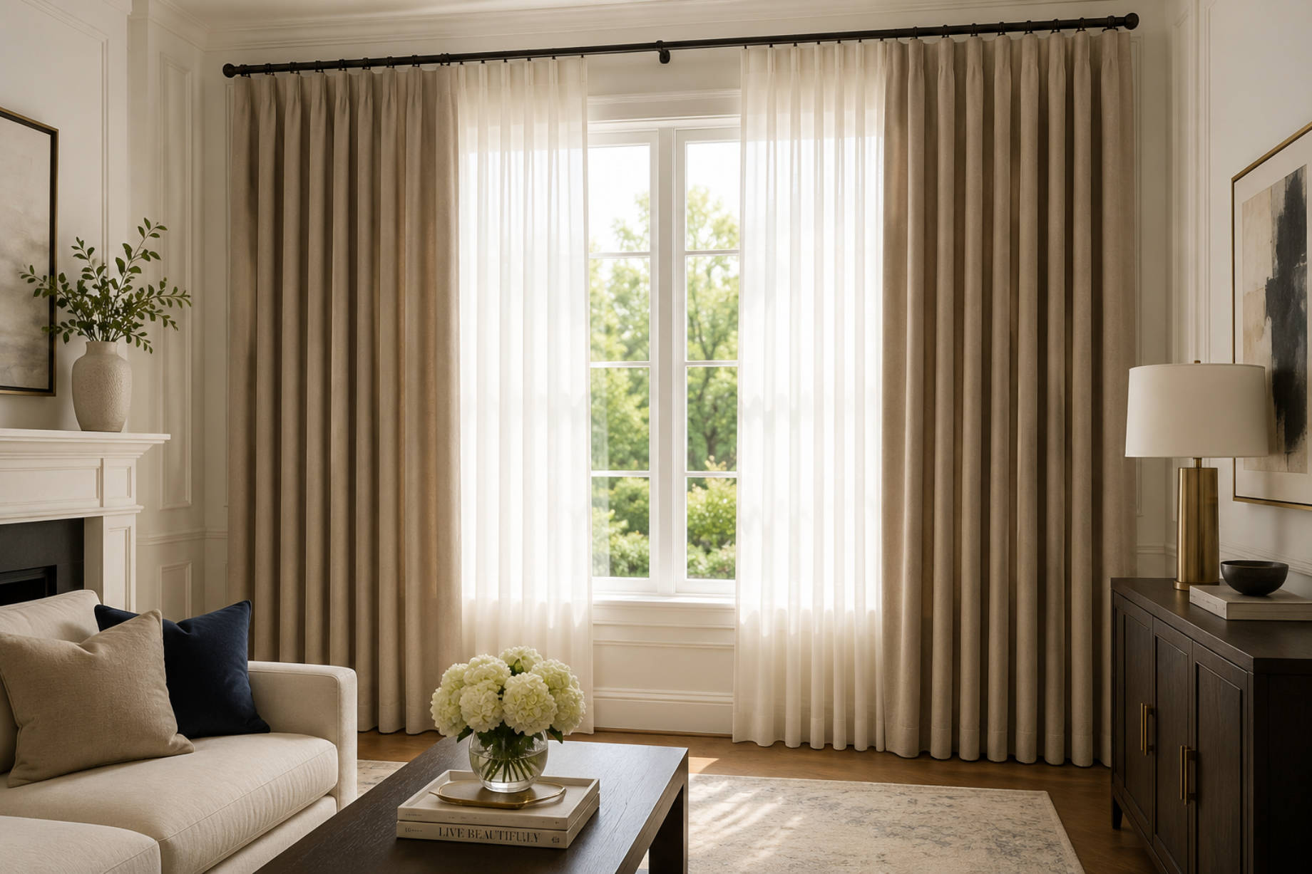 Elegant living room with tailored beige curtains, sheer window panels, natural daylight, classic wall moulding, neutral furniture, and garden views.