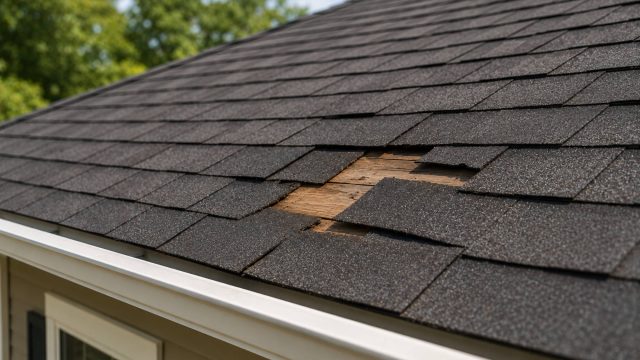 Missing and lifted asphalt shingles exposing the wooden roof deck on a residential home in Atlanta.