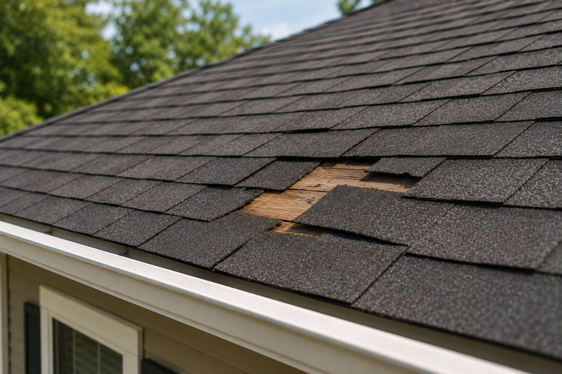 Missing and lifted asphalt shingles exposing the wooden roof deck on a residential home in Atlanta.