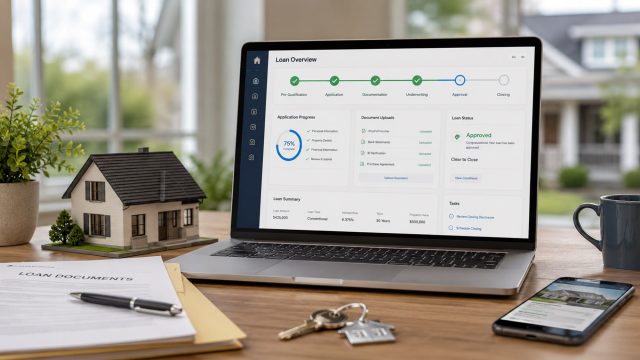 Laptop displaying a digital loan origination dashboard with home financing documents, house keys, and a model home on a desk.