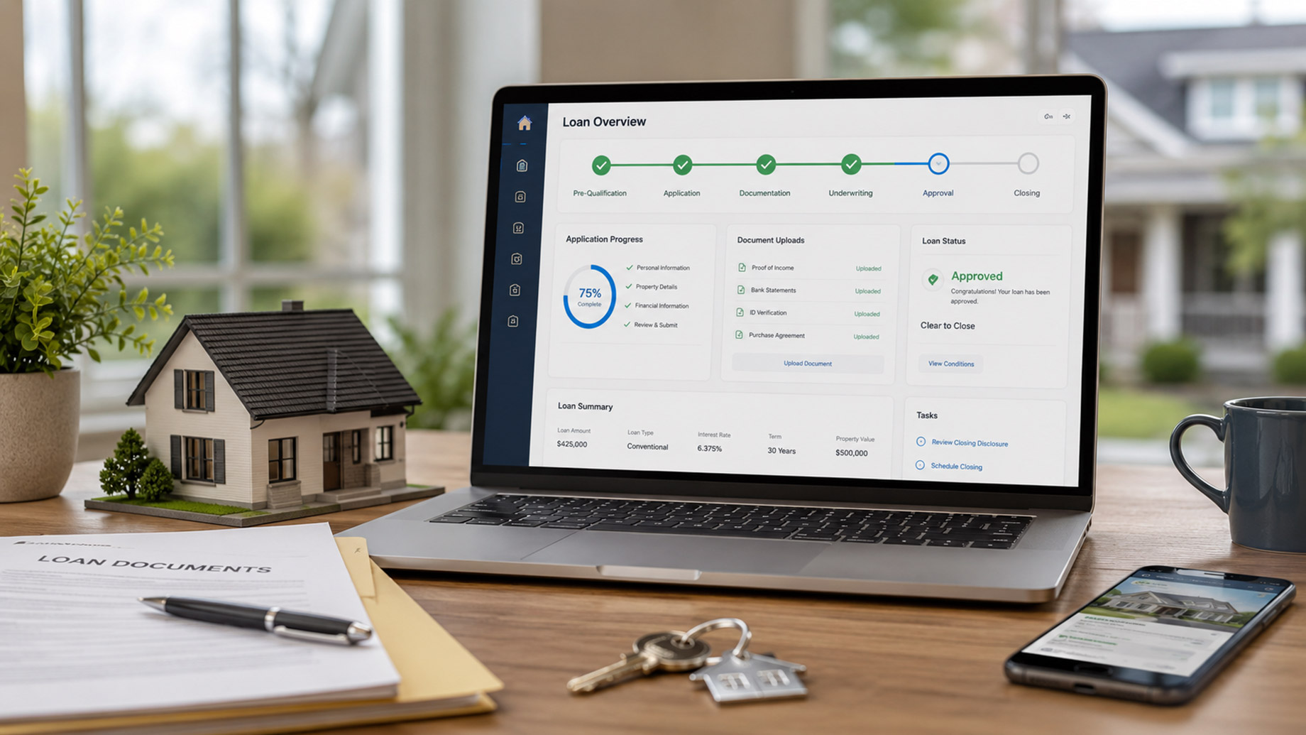 Laptop displaying a digital loan origination dashboard with home financing documents, house keys, and a model home on a desk.