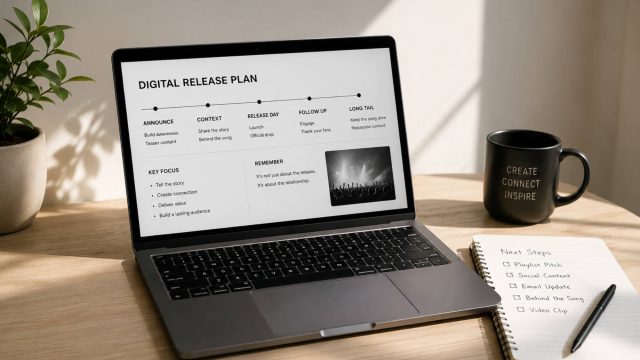 Minimal workspace with a laptop showing a digital music release plan, notebook with next steps, coffee mug, and potted plant in warm natural light.
