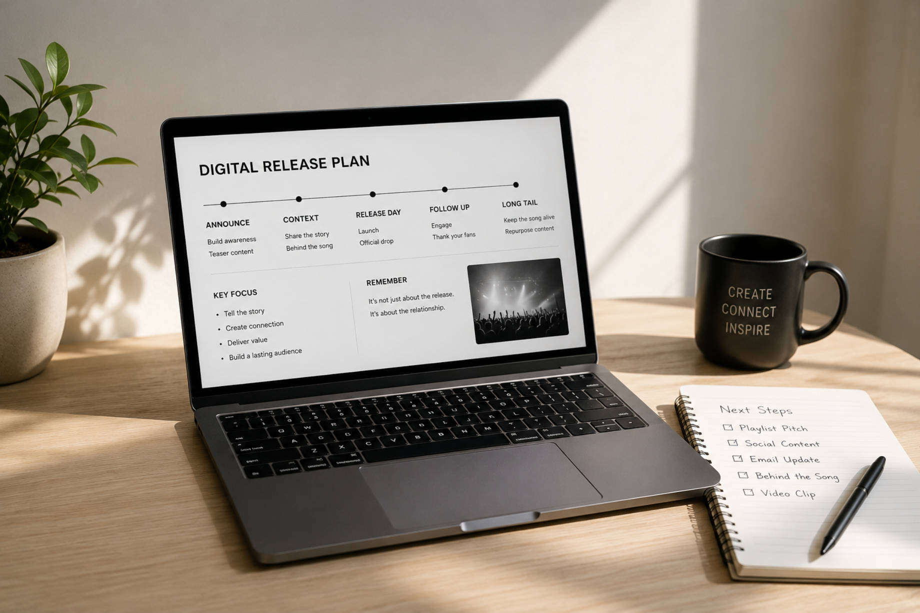 Minimal workspace with a laptop showing a digital music release plan, notebook with next steps, coffee mug, and potted plant in warm natural light.