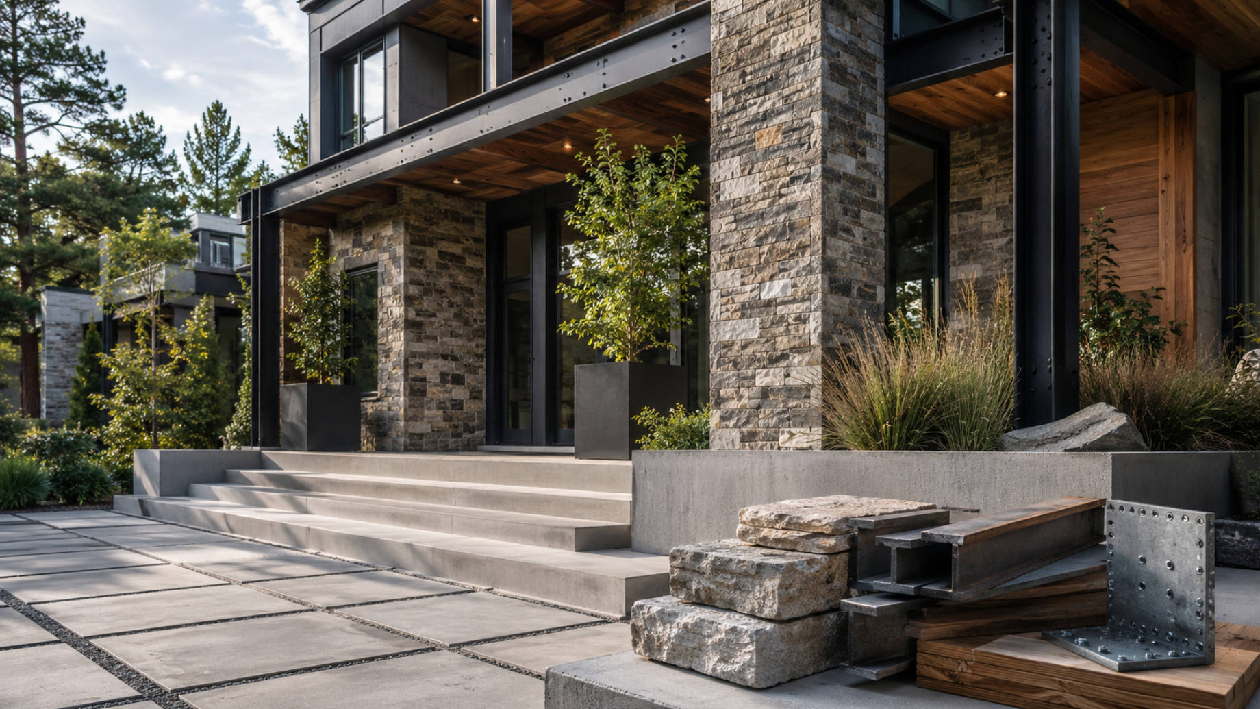 Modern home entrance with stone columns, concrete steps, steel beams, timber boards, and metal fastener plates displayed in front.
