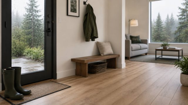 Modern entryway with wood-look flooring, rain boots, and evergreen views.