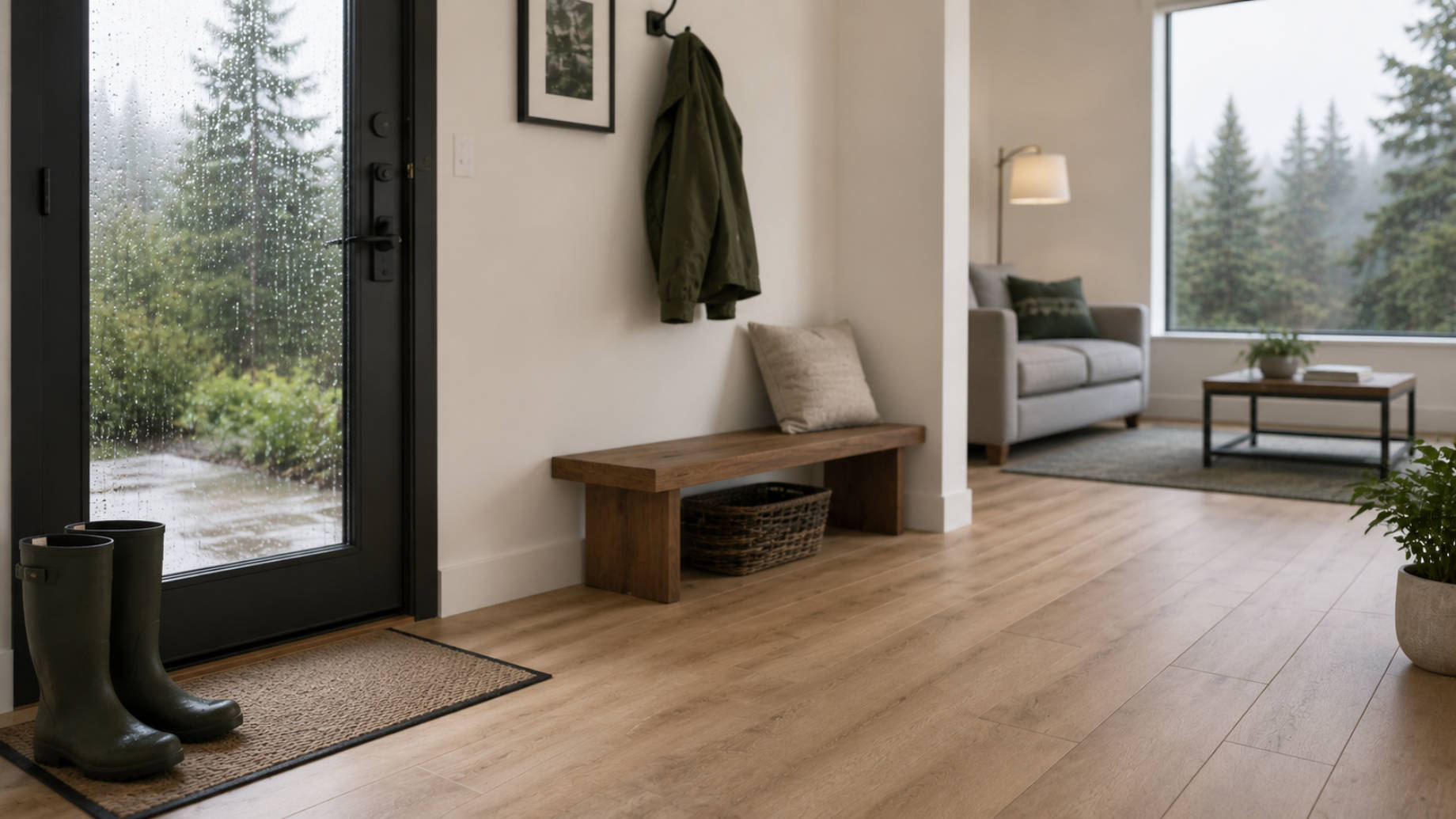 Modern entryway with wood-look flooring, rain boots, and evergreen views.