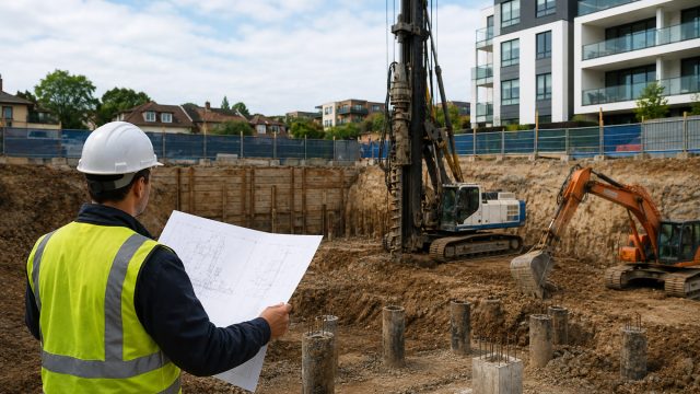 Construction engineer in a hard hat and high-visibility vest reviewing blueprints beside an excavated urban site with piling equipment, concrete piles, and nearby residential buildings.
