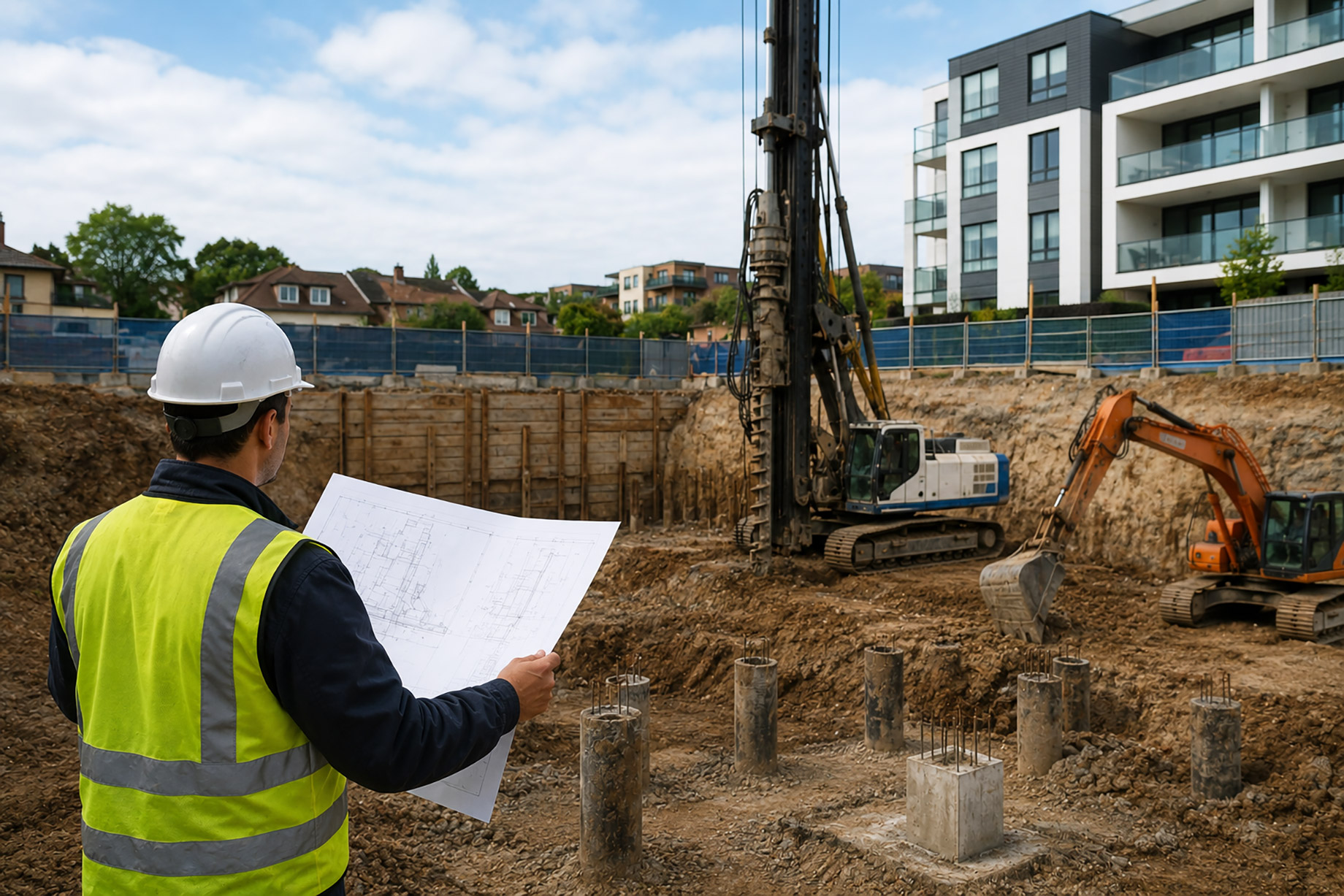Construction engineer in a hard hat and high-visibility vest reviewing blueprints beside an excavated urban site with piling equipment, concrete piles, and nearby residential buildings.