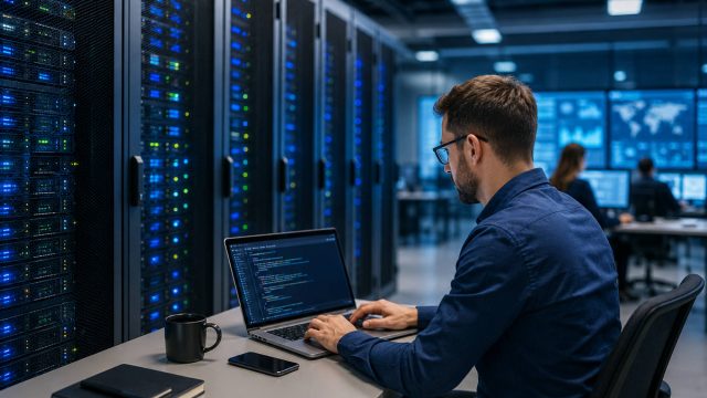 Infrastructure engineer managing enterprise proxy systems from a laptop beside secure server racks in a modern data centre.
