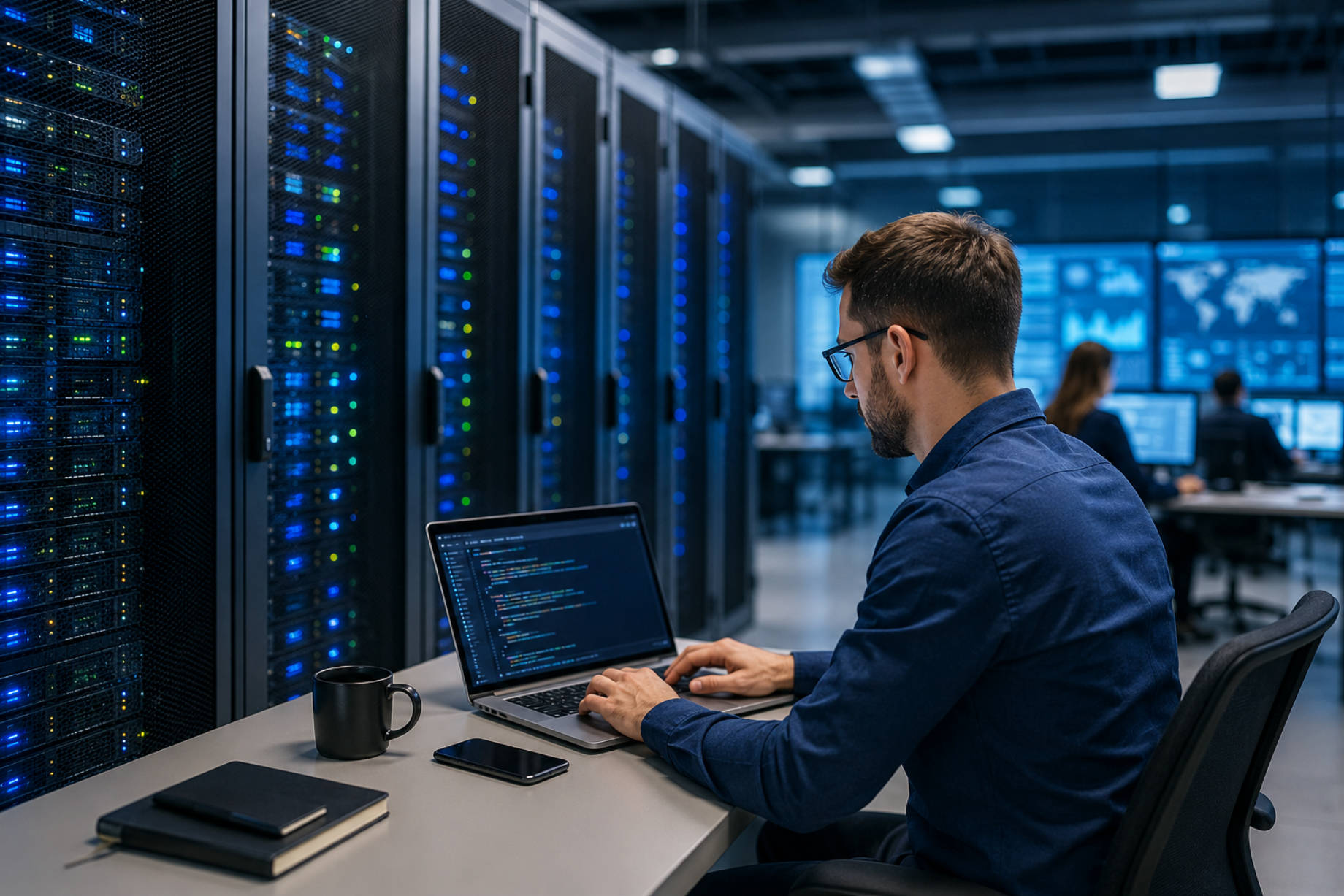 Infrastructure engineer managing enterprise proxy systems from a laptop beside secure server racks in a modern data centre.