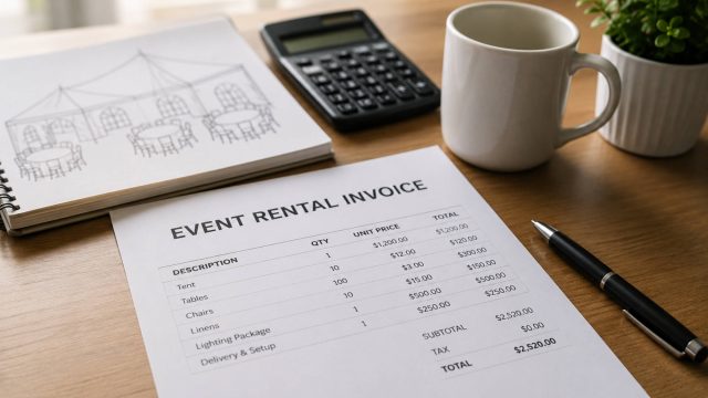 Event rental invoice beside a calculator, pen, coffee mug, and notebook containing a tent and table layout.