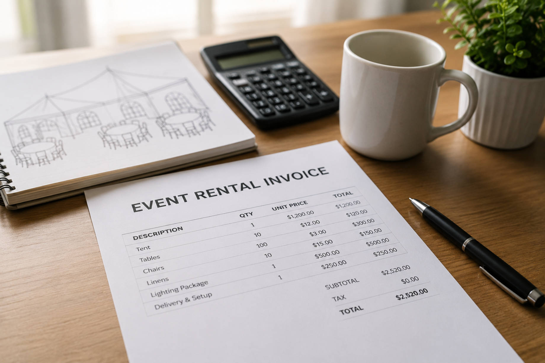 Event rental invoice beside a calculator, pen, coffee mug, and notebook containing a tent and table layout.