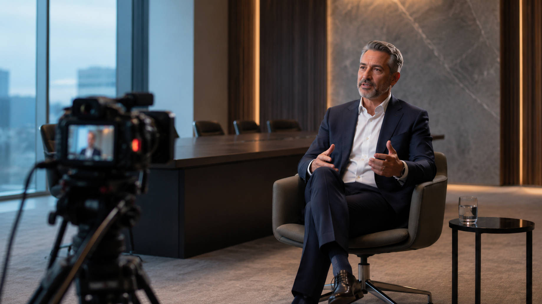Business executive seated for a corporate video interview in a modern office with a professional camera in the foreground.