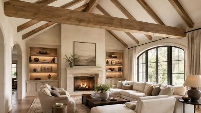 Luxury living room with exposed wood ceiling beams, vaulted ceiling, fireplace, arched window, and warm neutral furnishings.