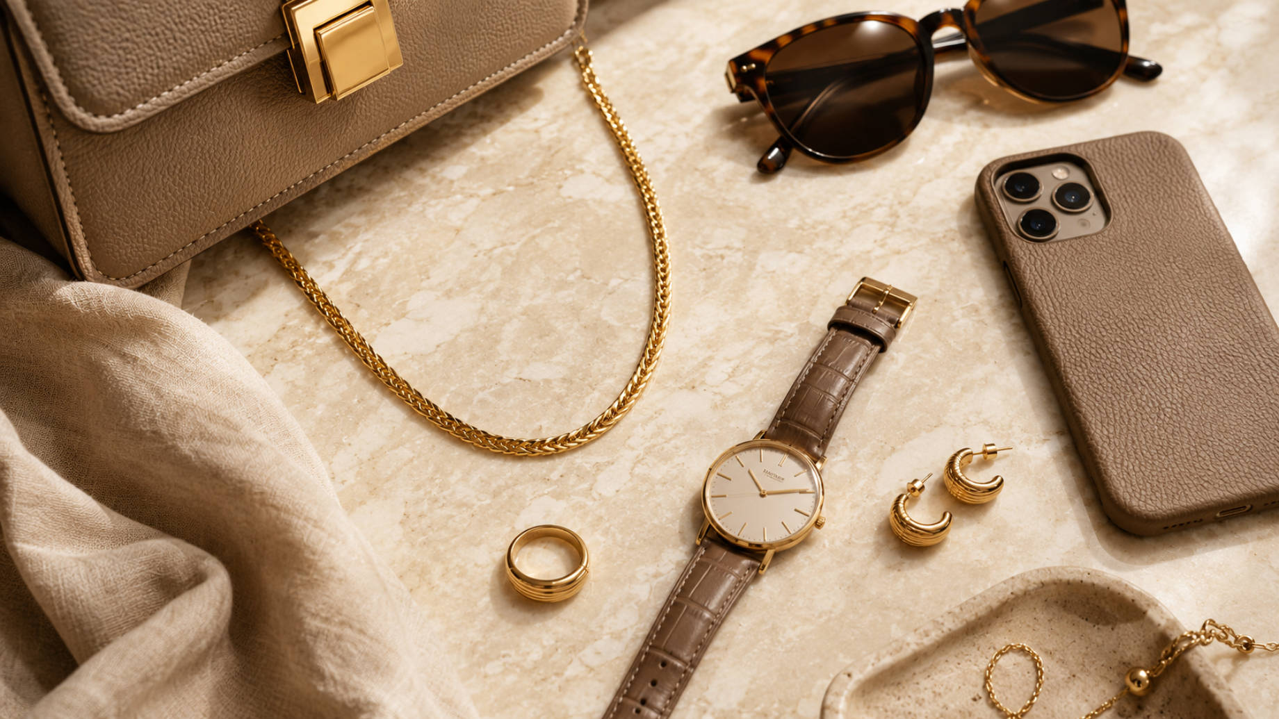 Elegant flat lay of gold jewelry, a classic wristwatch, sunglasses, a leather handbag, and a textured phone case arranged on a marble surface.