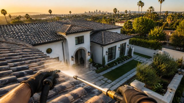 First-person view of a worker soft washing clay roof tiles on a luxury Los Angeles residence with manicured landscaping, palm trees, and the city skyline in the distance.